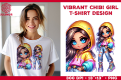 Vibrant Chibi Girl T-Shirt Printable Design. Chibi Girl PNG Product Image 1