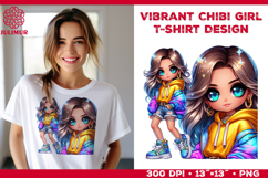 Vibrant Chibi Girl T-Shirt Printable Design. Chibi Girl PNG Product Image 1
