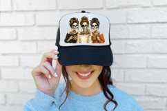 Watercolor PNG design featuring three fashionable skeleton besties posed together in cozy fall clothing with black, cream, orange and leopard-print details.