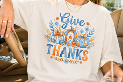 Give Thanks PNG, Blue Floral Pumpkin Sublimation Product Image 2