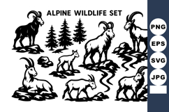 Alpine wildlife with goats and pine trees vector art in bla Product Image 1