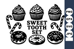 Sweet tooth with cupcakes donuts and candy canes in black a Product Image 1