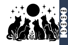 Silhouettes of seven cats sitting under a full moon with sta Product Image 1