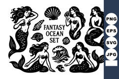 Fantasy ocean mermaids and sea shells vector with waves and Product Image 1