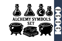 Alchemy symbols with bottles, cauldrons, and books in vinta Product Image 1