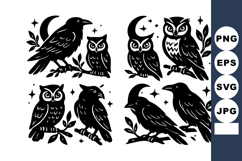 Black silhouette vector of owls and crows perched on branche Product Image 1