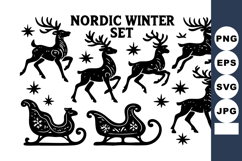 Nordic winter reindeer and sleigh black silhouette vector d Product Image 1