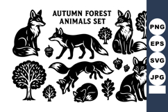 Autumn forest animals with foxes acorns and trees black sil Product Image 1