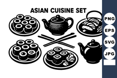 Asian cuisine with sushi rolls teapots chopsticks and tradi Product Image 1