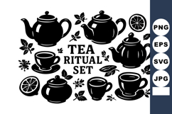 Tea ritual with teapots cups and citrus slices in black sil Product Image 1