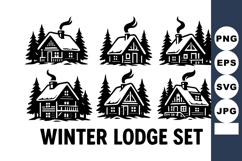 Winter lodge with pine trees cozy cabins smoke chimneys rus Product Image 1