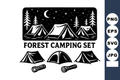 Forest camping with tents night sky crescent moon pine tree Product Image 1