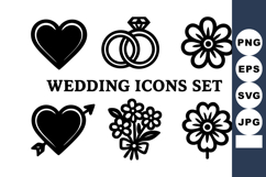 Wedding icons with heart rings flowers bouquet vector illus Product Image 1
