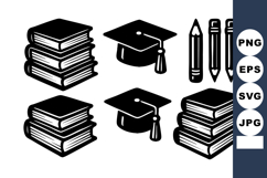 Education symbols with graduation cap stack of books and pen Product Image 1