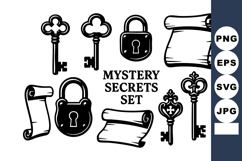 Mystery secrets with vintage keys, scrolls, and locks vecto Product Image 1