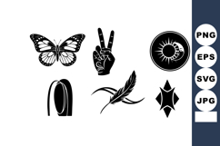 Black and white vector icons of butterfly peace sign sun moo Product Image 1