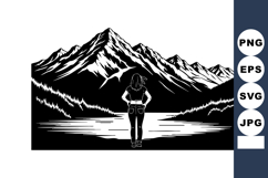 Mountain landscape with person standing by lake watching sno Product Image 1