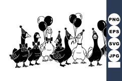 Group of cartoon ducks celebrating with party hats and ballo Product Image 1