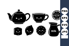 Cute black silhouette tea with teapot cup milk jug cookies Product Image 1