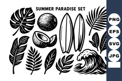 Summer paradise with tropical leaves, coconuts, surfboards, Product Image 1