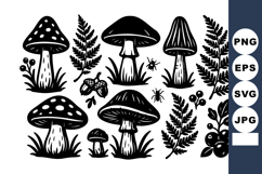 Mushrooms and Ferns with Insects Vector Illustration in Blac Product Image 1