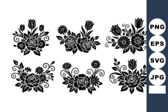 Black floral vector design with intricate rose and tulip fl Product Image 1