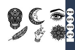 Decorative black and white tattoo style skull crescent moon Product Image 1
