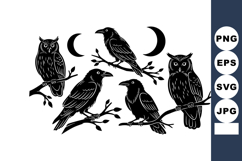 Black silhouette of owls and crows perched on branches with Product Image 1