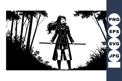 Female Samurai Warrior Standing with Sword in Forest Black a Product Image 1