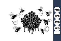 Honeycomb with dripping honey surrounded by flying bees and Product Image 1