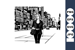 Woman walking confidently in urban city street with modern b Product Image 1