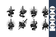 Vintage sword and rose tattoo designs with banners in black Product Image 1