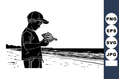 Boy holding seashell on beach by ocean shore in monochrome v Product Image 1