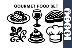 Gourmet food with steak wine dessert chef hat and herb icon Product Image 1