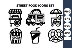 Street food icons with taco truck, popcorn, pretzel, hot do Product Image 1