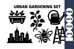 Urban gardening with city skyline plants bee watering can a Product Image 1