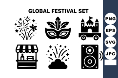 Global festival icons with fireworks mask castle speaker an Product Image 1