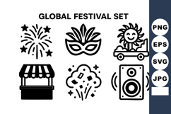 Global festival with fireworks mask sun party market stall Product Image 1