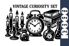 Vintage curiosity with clock candles books and old glass bo Product Image 1