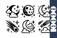 Moon and stars vector icons with clouds and comets night sky Product Image 1