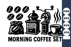 Morning coffee with coffee beans grinder cup and steam illu Product Image 1