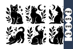 Black Cat Silhouettes with Moon and Leaves Vector Collection Product Image 1