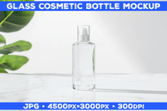 Cosmetic Glass Bottle Mockup on White Marble Surface Product Image 1