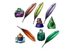 Hand drawing collection of vintage writing quills and inkwel Product Image 1