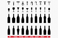 SVG Glasses, Bottles, Corkscrew, Silhouettes,Digital clipart Product Image 1