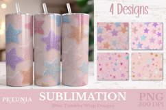 Digital preview of pastel glitter star tumbler wrap design with colorful sparkling stars on a soft pink background, sized for 20oz skinny tumblers.