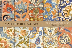 Autumn-toned botanical seamless patterns featuring exotic orange and teal flowers with bohemian leaf illustrations.