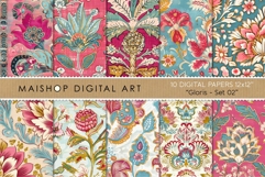Vibrant magenta and turquoise botanical seamless patterns featuring exotic flowers and bohemian leaf designs.