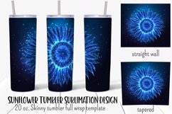 Sunflower tumbler wrap sublimation design with glowing blue flower on dark blue background.  Straight and tapered walls 20 oz skinny tumbler full wrap png files for download.