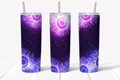 Sunflower tumbler wrap sublimation design with glowing purple sunflowers on dark purple background.  Straight and tapered walls 20 oz skinny tumbler full wrap png files for download.